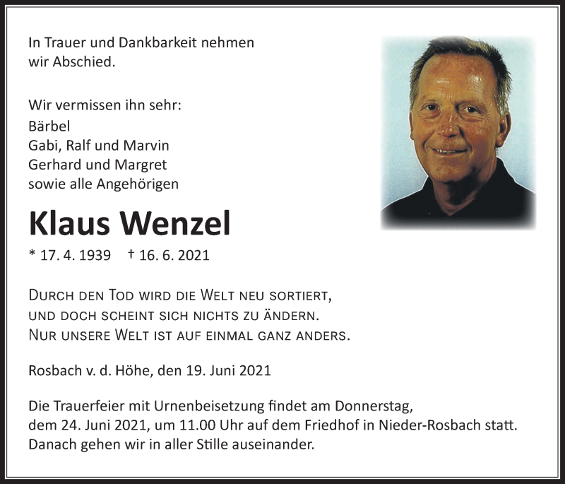  Traueranzeige für Klaus Wenzel vom 19.06.2021 aus Wetterauer Zeitung