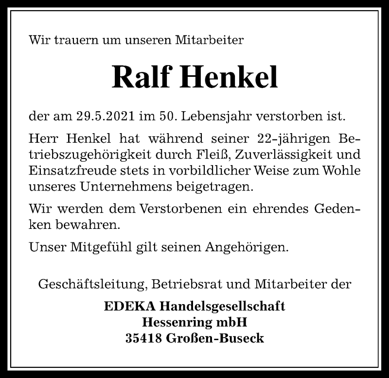  Traueranzeige für Ralf Henkel vom 19.06.2021 aus Giessener Allgemeine, Alsfelder Allgemeine