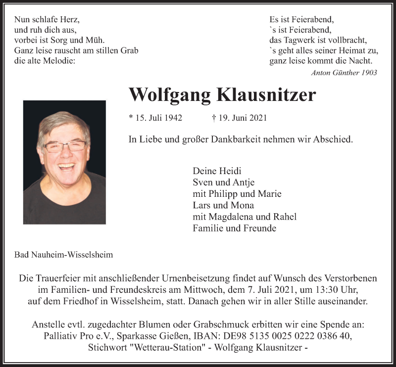  Traueranzeige für Wolfgang Klausnitzer vom 26.06.2021 aus Wetterauer Zeitung