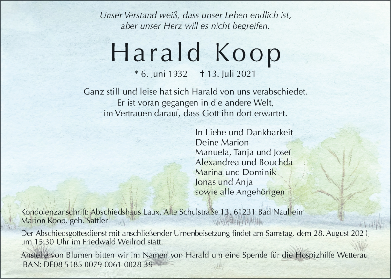  Traueranzeige für Harald Koop vom 24.07.2021 aus Wetterauer Zeitung