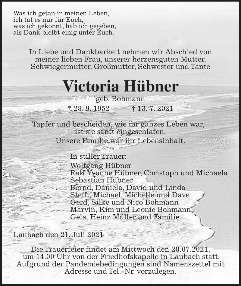  Traueranzeige für Victoria Hübner vom 21.07.2021 aus Laubacher Anzeiger