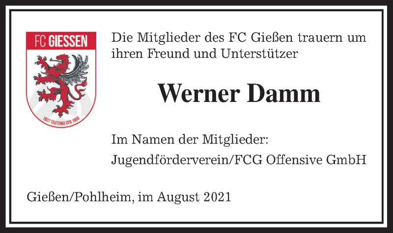  Traueranzeige für Werner Damm vom 27.08.2021 aus Giessener Allgemeine, Alsfelder Allgemeine