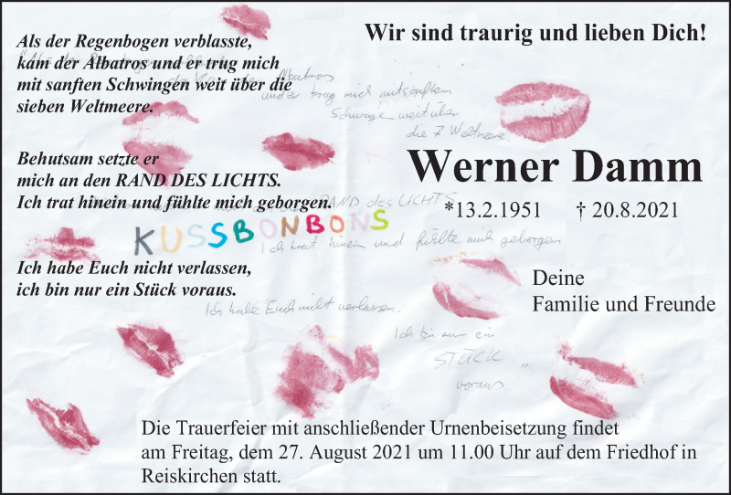  Traueranzeige für Werner Damm vom 25.08.2021 aus Giessener Allgemeine, Alsfelder Allgemeine