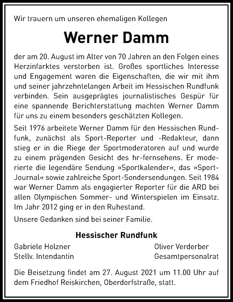  Traueranzeige für Werner Damm vom 26.08.2021 aus Giessener Allgemeine, Alsfelder Allgemeine