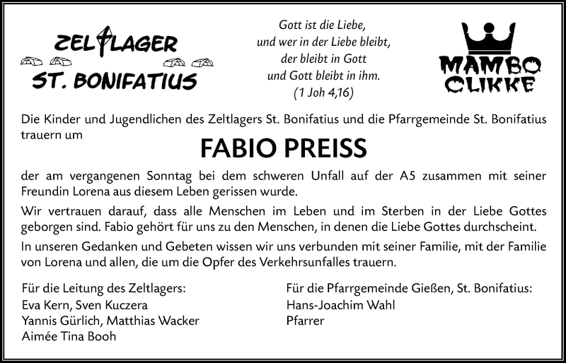  Traueranzeige für Fabio Preiss vom 25.09.2021 aus Giessener Allgemeine, Alsfelder Allgemeine