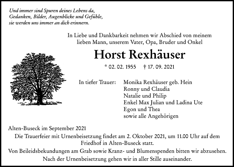  Traueranzeige für Horst Rexhäuser vom 29.09.2021 aus Giessener Allgemeine, Alsfelder Allgemeine