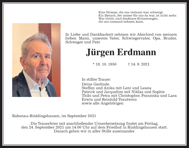  Traueranzeige für Jürgen Erdmann vom 22.09.2021 aus Giessener Allgemeine, Alsfelder Allgemeine