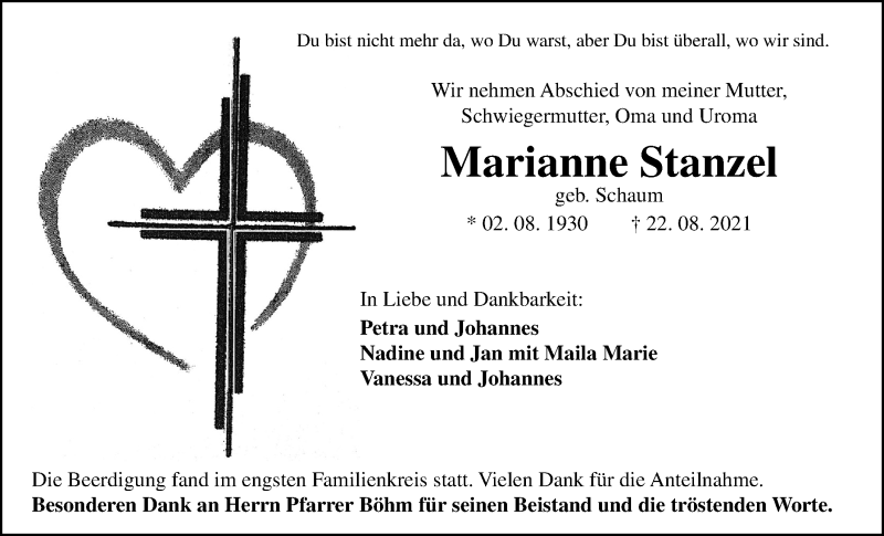  Traueranzeige für Marianne Stanzel vom 04.09.2021 aus Wetterauer Zeitung