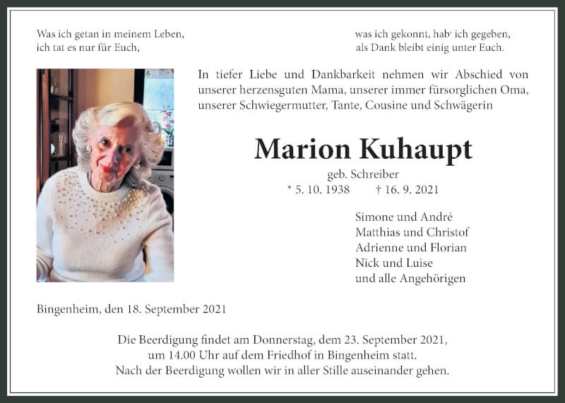  Traueranzeige für Marion Kuhaupt vom 18.09.2021 aus Wetterauer Zeitung