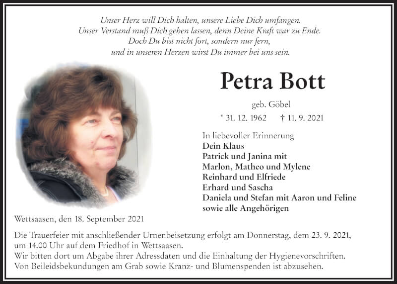  Traueranzeige für Petra Bott vom 18.09.2021 aus Alsfelder Allgemeine