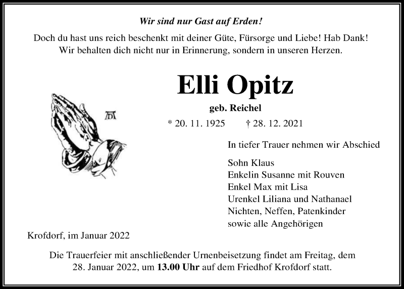  Traueranzeige für Elli Opitz vom 22.01.2022 aus Giessener Anzeiger