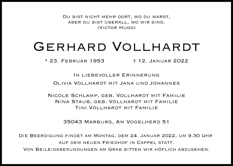  Traueranzeige für Gerhard Vollhardt vom 18.01.2022 aus Giessener Allgemeine, Alsfelder Allgemeine, Giessener Anzeiger