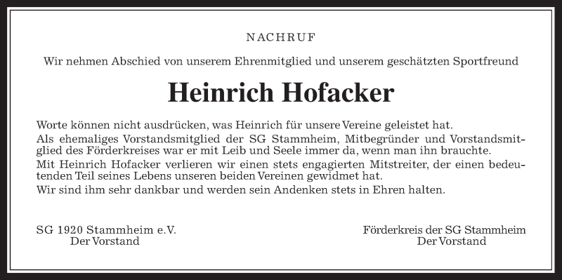  Traueranzeige für Heinrich Hofacker vom 22.01.2022 aus Wetterauer Zeitung
