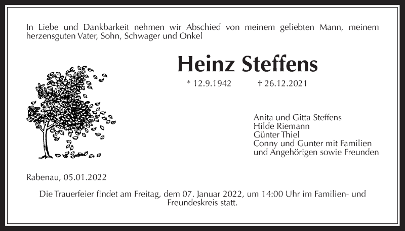  Traueranzeige für Heinz Steffens vom 05.01.2022 aus Giessener Allgemeine, Alsfelder Allgemeine
