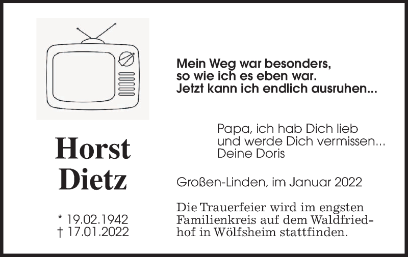  Traueranzeige für Horst Dietz vom 22.01.2022 aus Wetterauer Zeitung, Giessener Allgemeine, Alsfelder Allgemeine