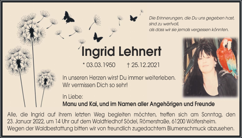  Traueranzeige für Ingrid Lehnert vom 08.01.2022 aus Wetterauer Zeitung