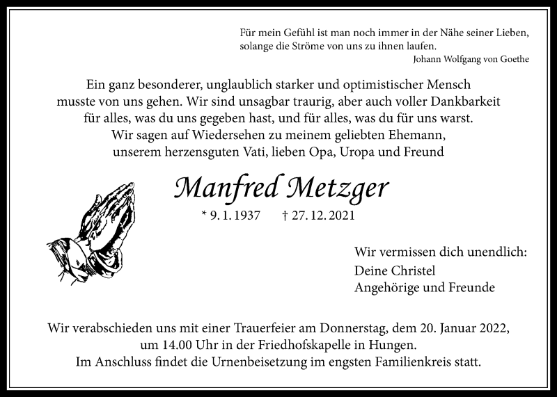  Traueranzeige für Manfred Metzger vom 20.01.2022 aus Licher Wochenblatt