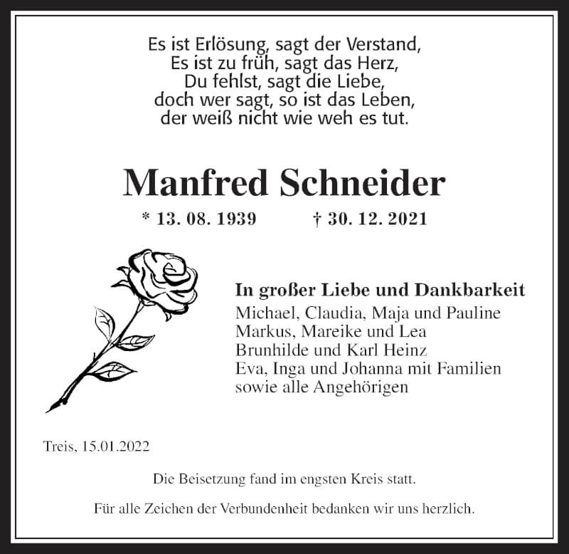  Traueranzeige für Manfred Schneider vom 15.01.2022 aus Giessener Allgemeine, Alsfelder Allgemeine, Wetterauer Zeitung