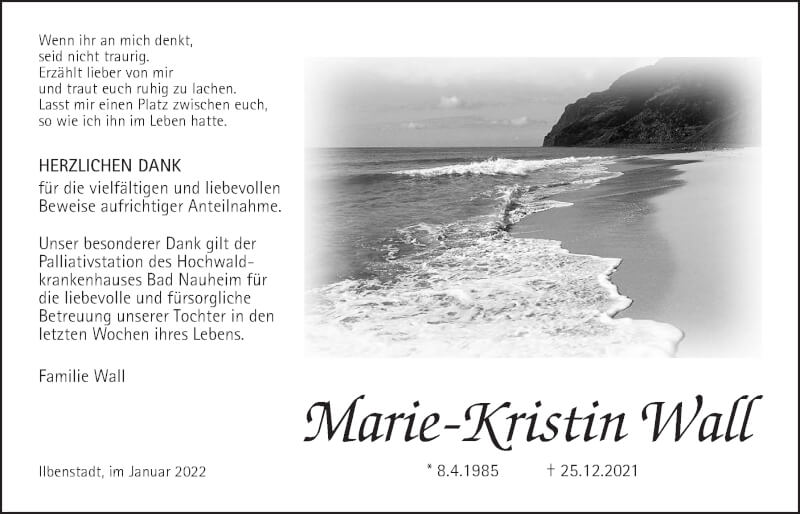  Traueranzeige für Marie-Kristin Wall vom 15.01.2022 aus Wetterauer Zeitung