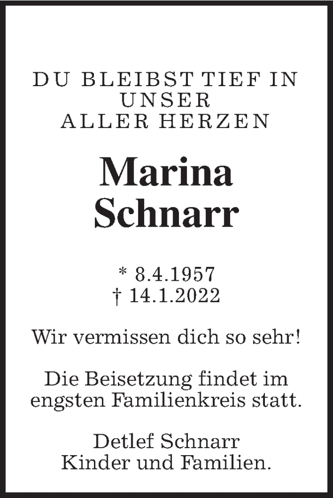  Traueranzeige für Marina Schnarr vom 22.01.2022 aus Wetterauer Zeitung