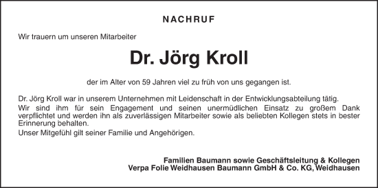 Traueranzeige von Jörg Kroll von Giessener Allgemeine, Alsfelder Allgemeine