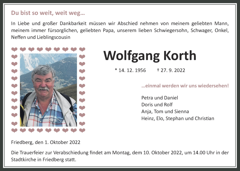  Traueranzeige für Wolfgang Korth vom 01.10.2022 aus Wetterauer Zeitung