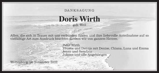 Traueranzeige von Doris Wirth von Giessener Allgemeine, Alsfelder Allgemeine