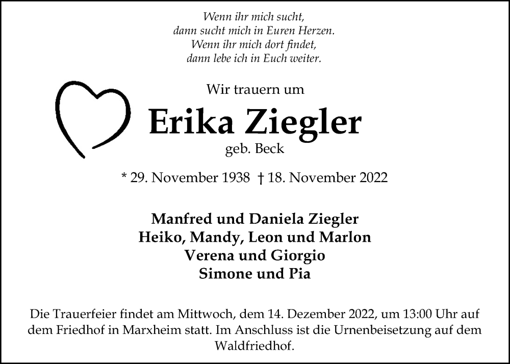  Traueranzeige für Erika Ziegler vom 09.12.2022 aus 