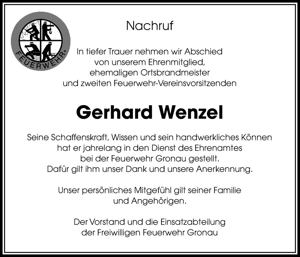  Traueranzeige für Gerhard Wenzel vom 08.12.2022 aus Bad Vilbel/Karben