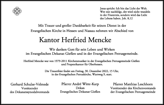 Traueranzeige von Herfried Mencke von Giessener Allgemeine, Alsfelder Allgemeine, Giessener Anzeiger