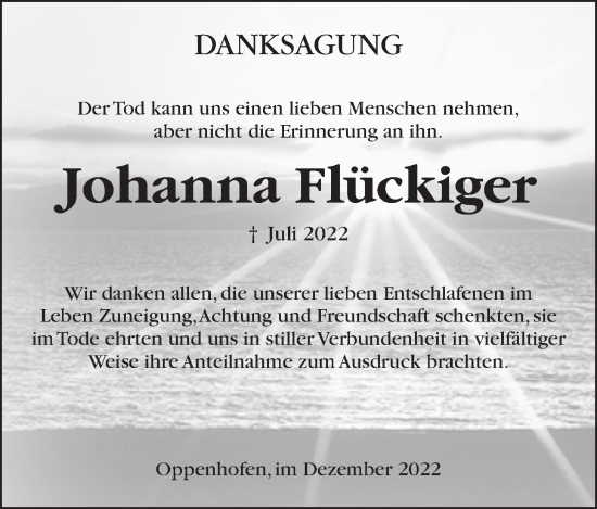 Traueranzeige von Johanna Flückinger von Wetterauer Zeitung