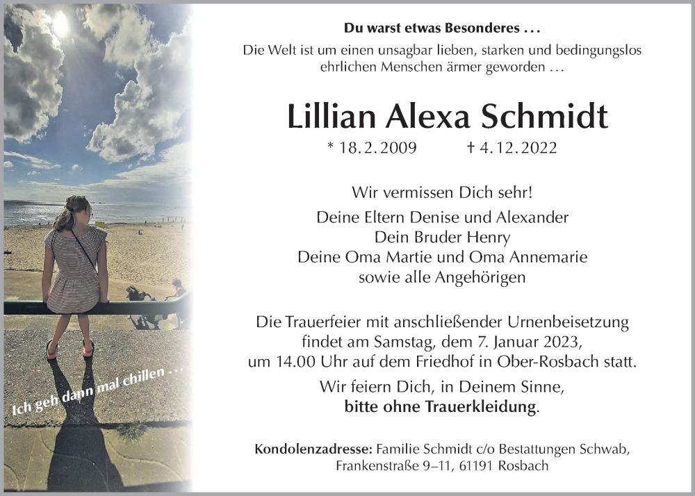  Traueranzeige für Lillian Alexa Schmidt vom 17.12.2022 aus Wetterauer Zeitung