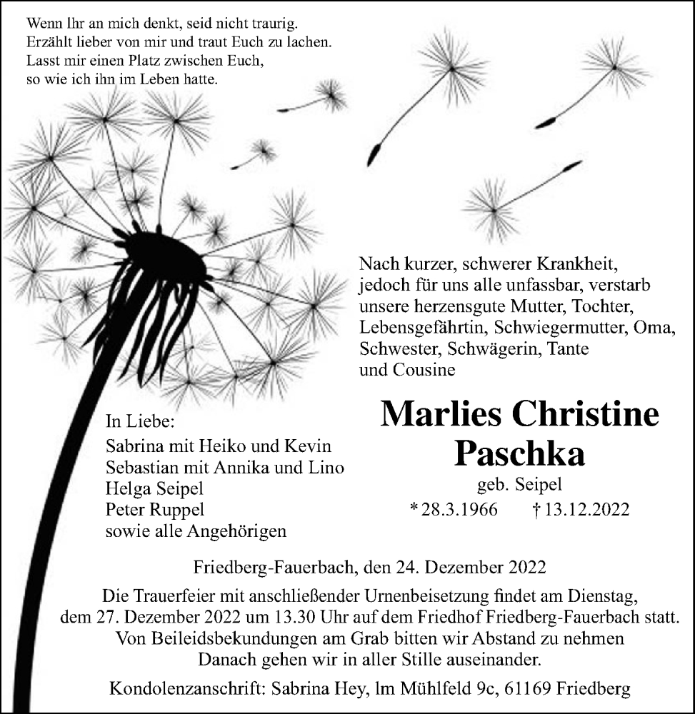  Traueranzeige für Marlies Christine Paschka vom 24.12.2022 aus Wetterauer Zeitung