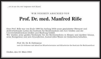 Traueranzeige von Manfred Riße von Wetterauer Zeitung, Giessener Allgemeine, Alsfelder Allgemeine