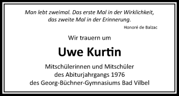 Traueranzeige von Uwe Kurtin von Bad Vilbel/Karben