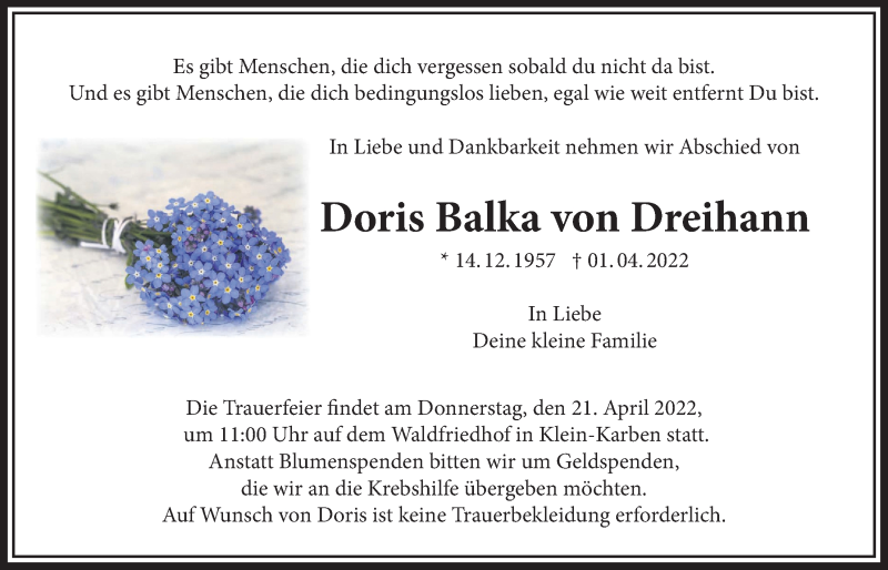  Traueranzeige für Doris Balka von Dreihann vom 07.04.2022 aus Bad Vilbel/Karben