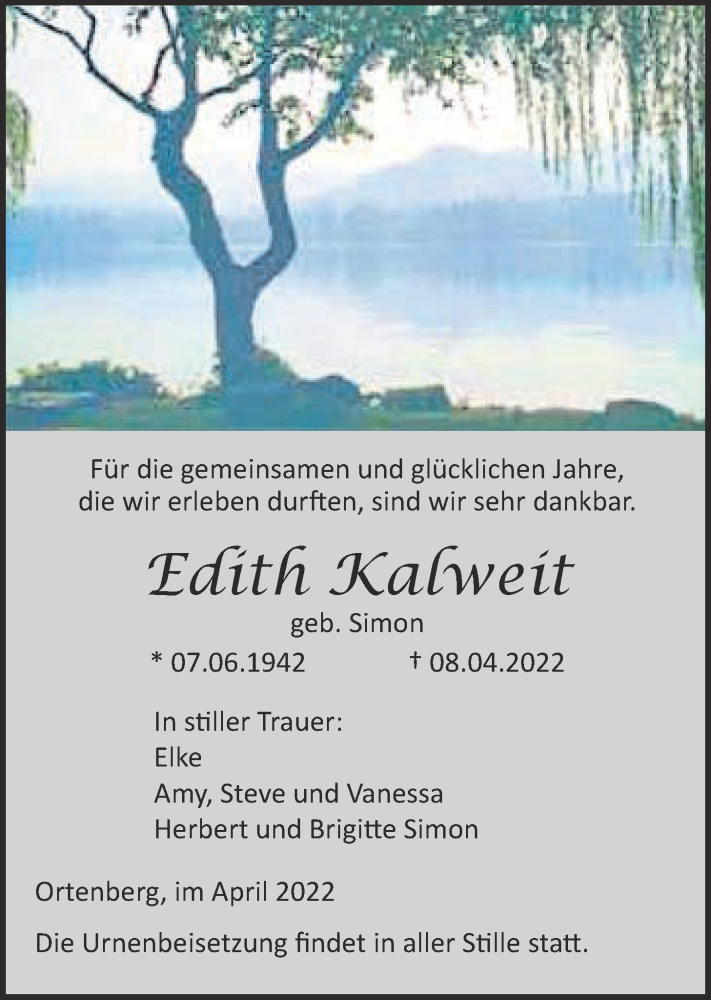  Traueranzeige für Edith Kalweit vom 23.04.2022 aus Kreis-Anzeiger