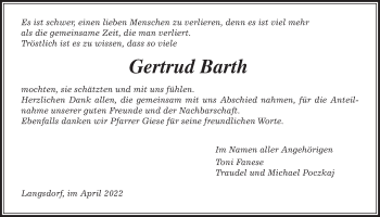 Traueranzeige von Gertrud Barth von Giessener Allgemeine, Alsfelder Allgemeine