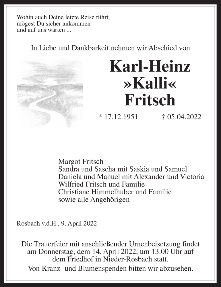 Traueranzeige für Karl-Heinz Fritsch vom 09.04.2022 aus Wetterauer Zeitung