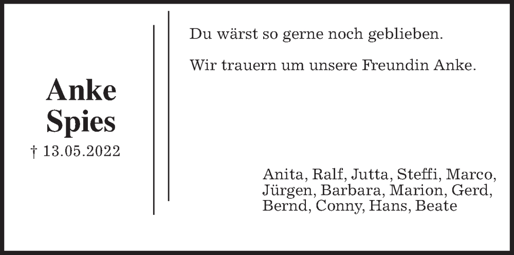  Traueranzeige für Anke Spies vom 21.05.2022 aus Wetterauer Zeitung, Giessener Allgemeine, Alsfelder Allgemeine