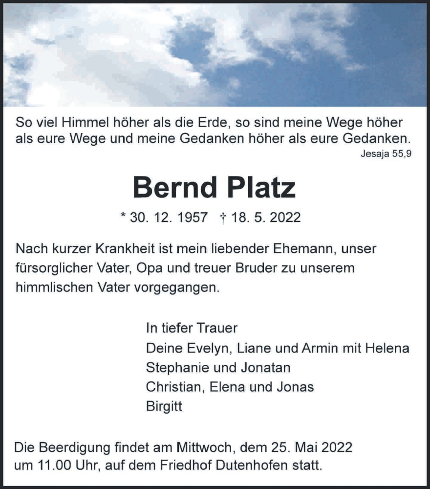  Traueranzeige für Bernd Platz vom 21.05.2022 aus Giessener Allgemeine, Alsfelder Allgemeine