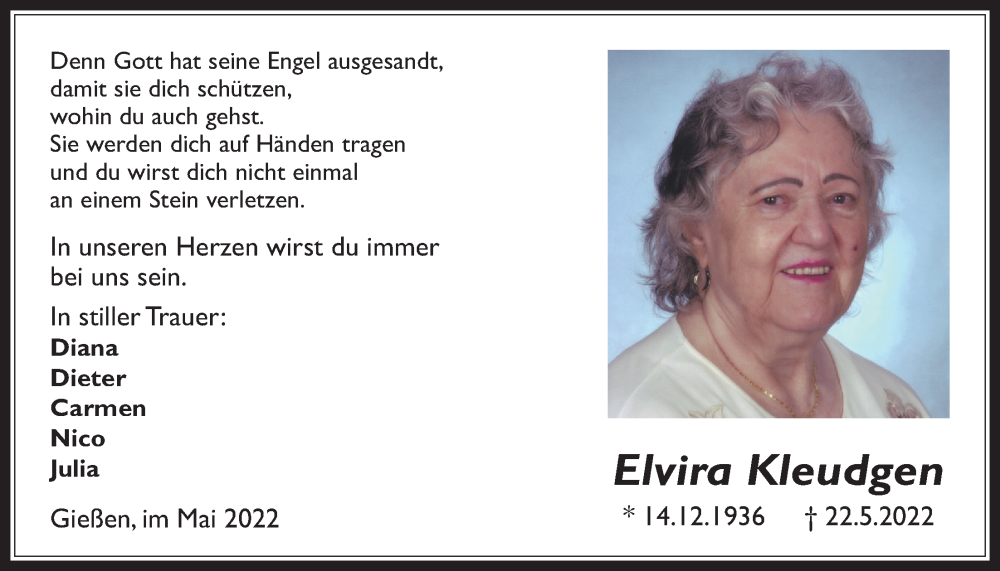  Traueranzeige für Elvira Kleudgen vom 25.05.2022 aus Licher Wochenblatt