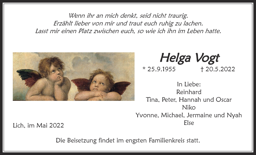  Traueranzeige für Helga Vogt vom 25.05.2022 aus Licher Wochenblatt