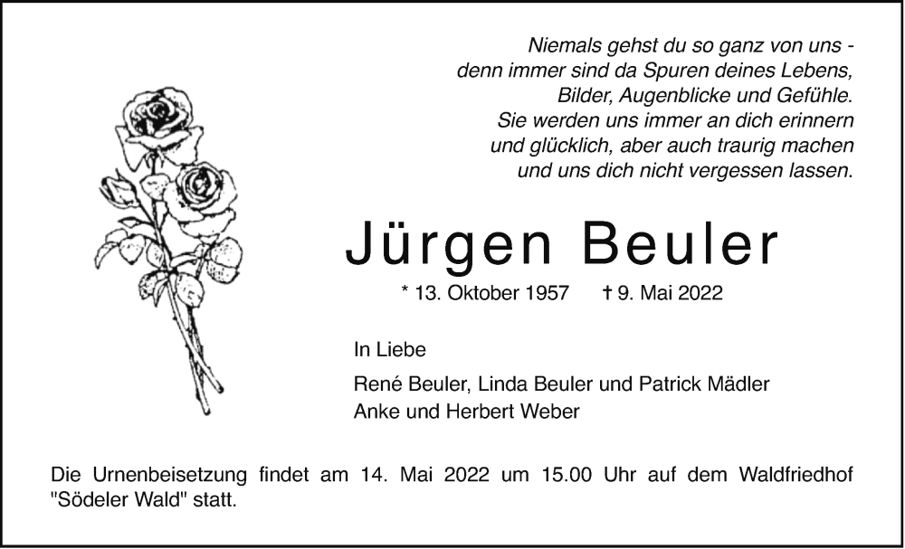  Traueranzeige für Jürgen Beuler vom 12.05.2022 aus Wetterauer Zeitung