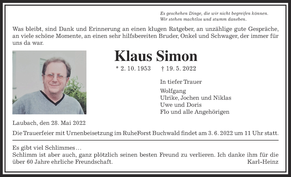  Traueranzeige für Klaus Simon vom 28.05.2022 aus Giessener Allgemeine, Alsfelder Allgemeine