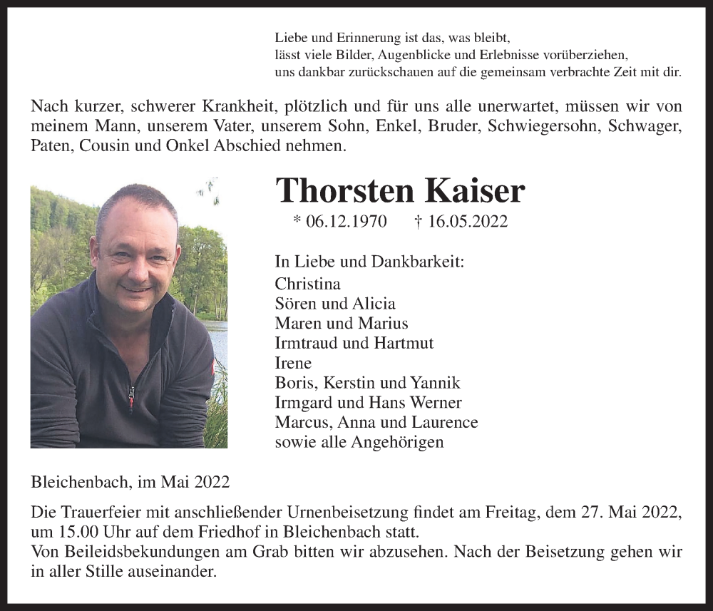  Traueranzeige für Thorsten Kaiser vom 21.05.2022 aus Kreis-Anzeiger