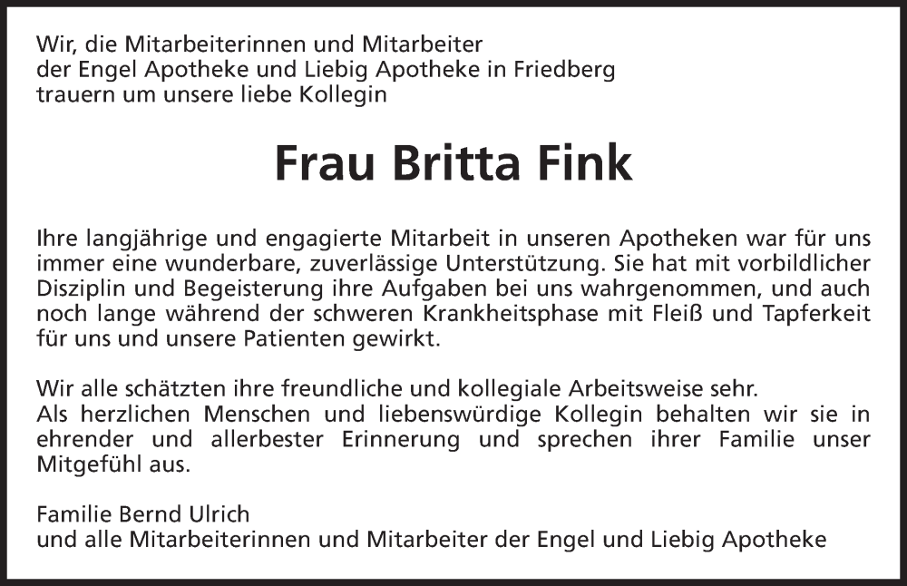  Traueranzeige für Britta Fink vom 24.06.2022 aus Wetterauer Zeitung