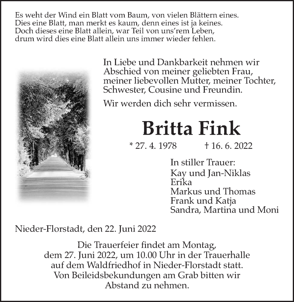  Traueranzeige für Britta Fink vom 22.06.2022 aus Wetterauer Zeitung