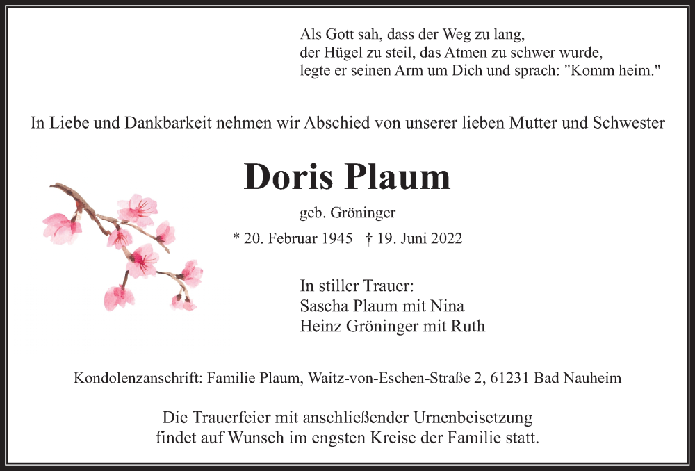  Traueranzeige für Doris Plaum vom 25.06.2022 aus Wetterauer Zeitung