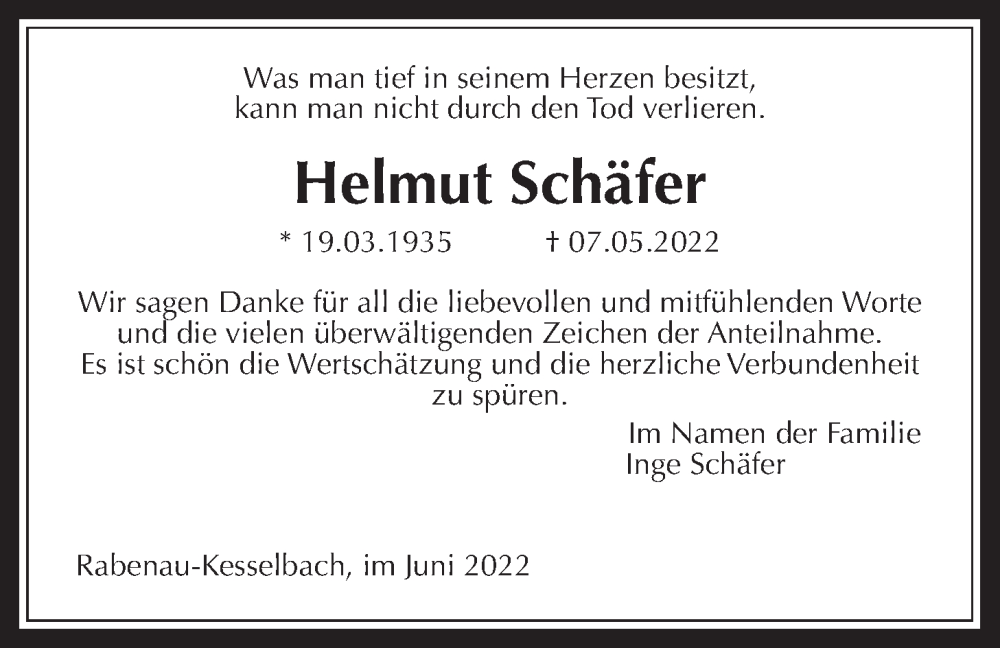  Traueranzeige für Helmut Schäfer vom 02.06.2022 aus Rabenauer Zeitung